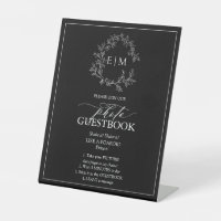 Black White Leafy Crest Monogram Photo Guestbook