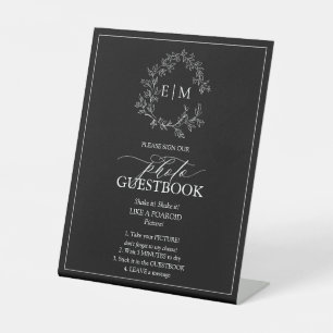 Black White Leafy Crest Monogram Photo Guestbook Pedestal Sign