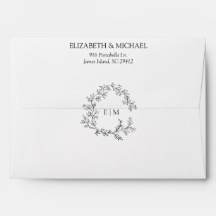 Black White Leafy Crest Monogram Wedding Envelope
