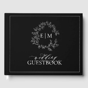Black White Leafy Crest Monogram Wedding Guest Book
