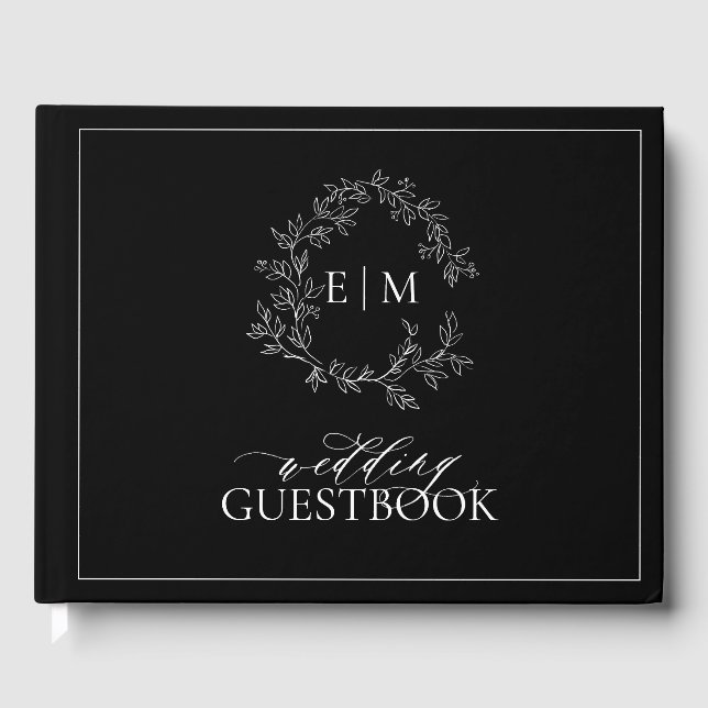 Black White Leafy Crest Monogram Wedding Guest Book (Front)