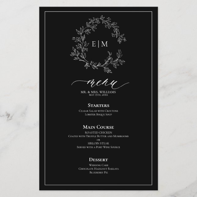 Black White Leafy Crest Monogram Wedding Menu (Front)