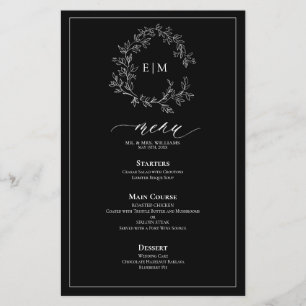Black White Leafy Crest Monogram Wedding Menu
