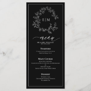 Black White Leafy Crest Monogram Wedding Menu