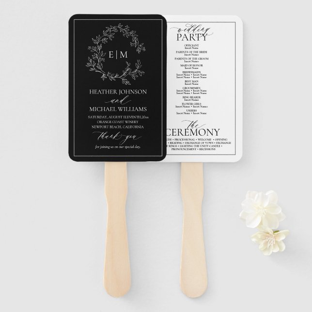 Black White Leafy Crest Monogram Wedding Program Hand Fan (Front and Back)
