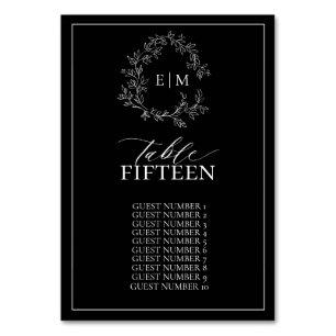 Black White Leafy Crest Monogram Wedding Table Number