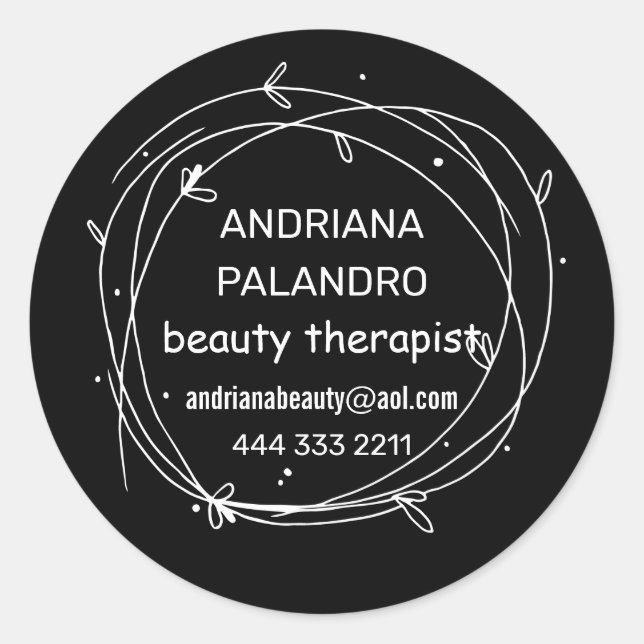 Black & white leafy wreath logo classic round sticker (Front)