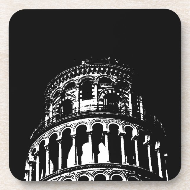 Black White Leaning Tower of Pisa Italy Coaster (Front)