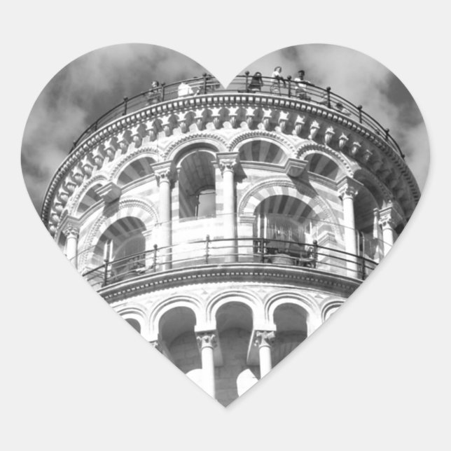 Black White Leaning Tower of Pisa Italy Heart Sticker (Front)