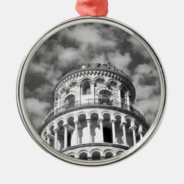 Black White Leaning Tower of Pisa Italy Metal Ornament (Front)
