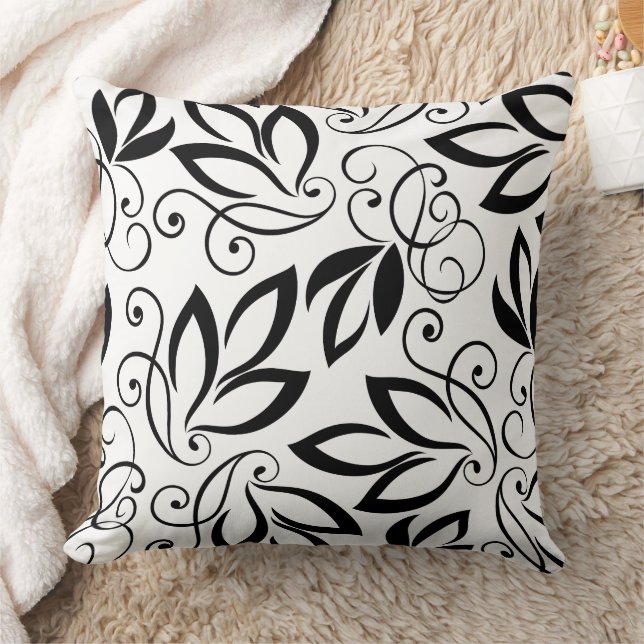 Black & White Leaves Art Pattern Throw Pillow (Blanket)