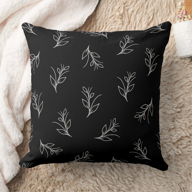 Black & White Leaves Pattern Simple Art Throw Pillow (Blanket)