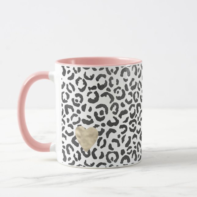 Black White Leopard Print Gold Heart   Mug (Left)