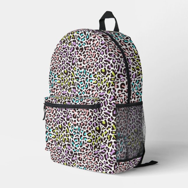 Black White Leopard Print Pastel Accents Printed Backpack (Back Corner Right)
