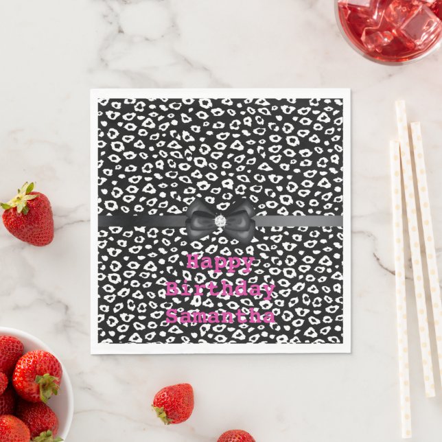 Black White Leopard Print with Bow Birthday Napkin (Insitu)