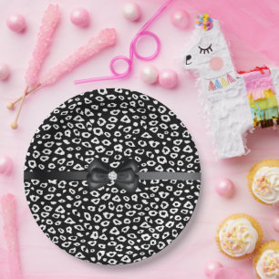 Black White Leopard Print with Bow Birthday Paper Plate