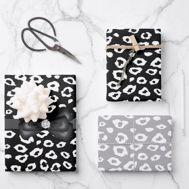 Black White Leopard Print with Bow Birthday Wrapping Paper Sheet (Front)