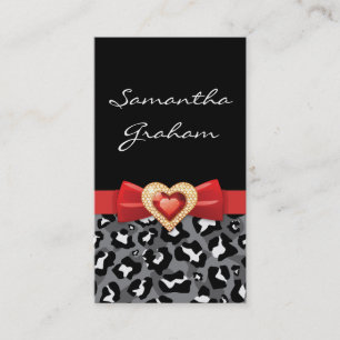 Black white leopard print with red bow & jewel business card