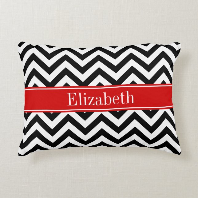 Black White LG Chevron Red Name Monogram Decorative Pillow (Front)