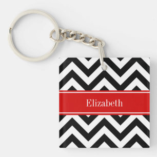 Black White LG Chevron Red Name Monogram Keychain