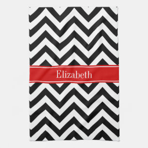 Black White LG Chevron Red Name Monogram Kitchen Towel