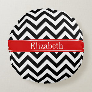 Black White LG Chevron Red Name Monogram Round Pillow