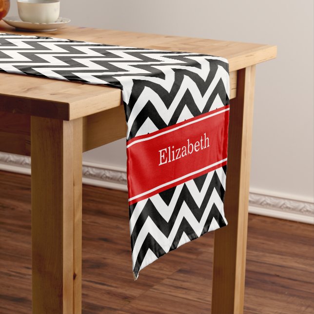Black White LG Chevron Red Name Monogram Short Table Runner (In Situ)
