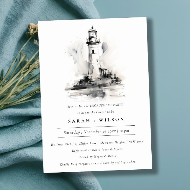 Black & White Lighthouse Coastal Sketch Engagement Invitation (Creator Uploaded)
