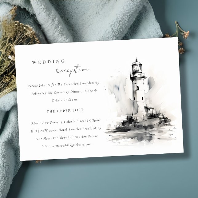 Black & White Lighthouse Coastal Wedding Reception Enclosure Card (Creator Uploaded)