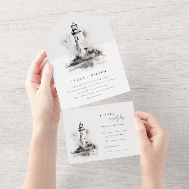 Black & White Lighthouse Nautical Sketch Wedding All In One Invitation (Tearaway)