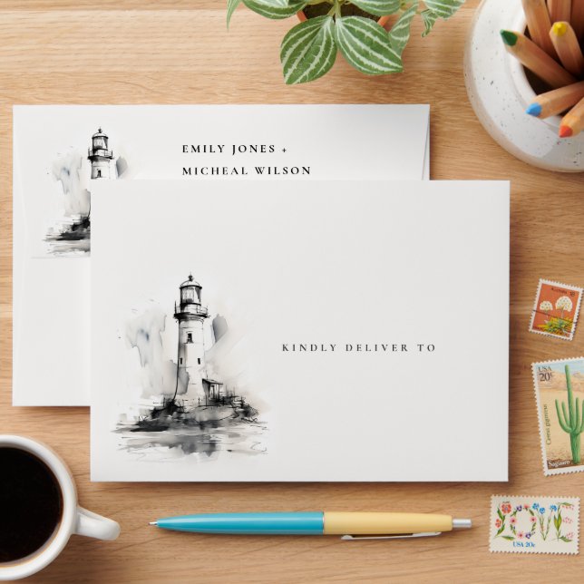 Black & White Lighthouse Nautical Sketch Wedding Envelope (Desk)