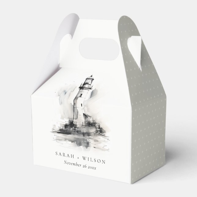 Black & White Lighthouse Nautical Sketch Wedding Favor Box (Front Side)