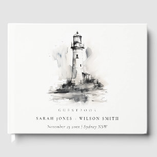 Black & White Lighthouse Nautical Sketch Wedding Guest Book