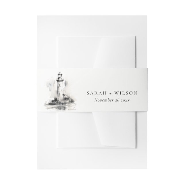 Black & White Lighthouse Nautical Sketch Wedding Invitation Belly Band (Front Example)