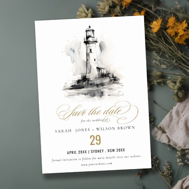 Black & White Lighthouse Nautical Sketch Wedding Save The Date (Creator Uploaded)