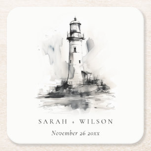 Black & White Lighthouse Nautical Sketch Wedding Square Paper Coaster