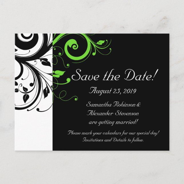 Black/White/Lime Green Bold Swirl Save the Date Announcement Postcard (Front)