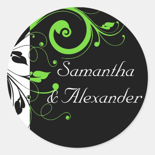 Black/White/Lime Green Bold Swirl Wedding Classic Round Sticker (Front)