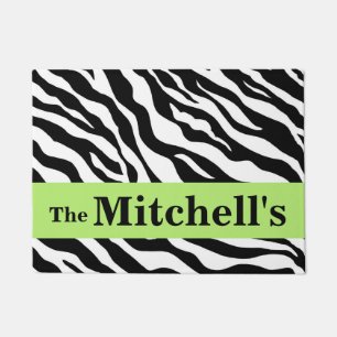 Black White Lime Green Zebra Skin Name Personalize Doormat