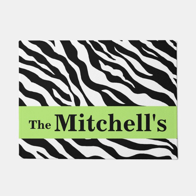 Black White Lime Green Zebra Skin Name Personalize Doormat (Front)
