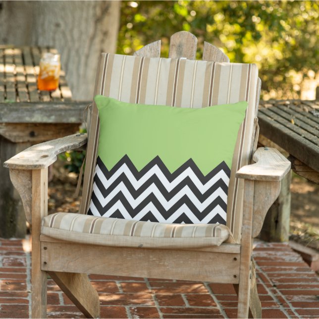 Black White Lime Green Zigzag Chevron Pattern Outdoor Pillow (Chair)