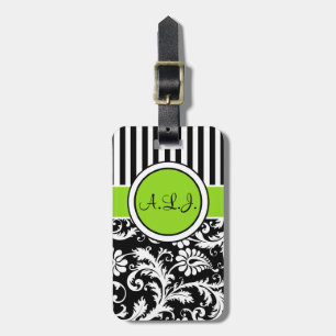 Black, White, Lime Striped Damask Luggage Tag