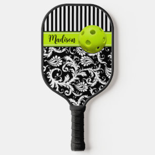 Black, White, Lime Stripes, Abstract Floral  Pickl Pickleball Paddle
