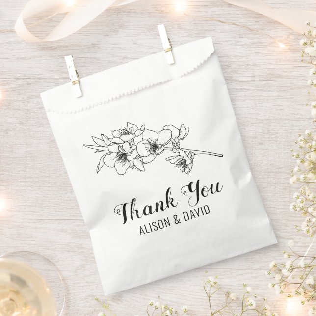 Black white line art branch with blossoms favour bag (Clipped)