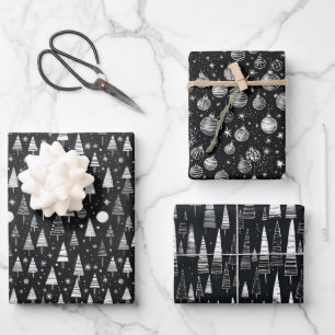 Black & White Line Art Christmas Trees & Ornaments Wrapping Paper Sheet