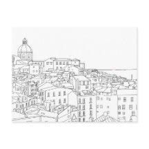 Black & White Line Art Postcard of Lisbon Portugal