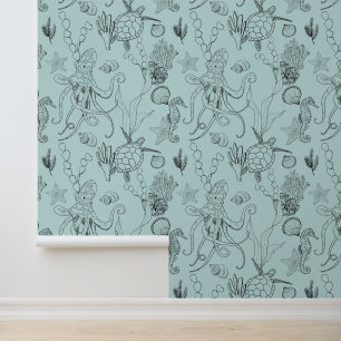 Black & White LIne Art Sea Life Pattern on Teal Wallpaper