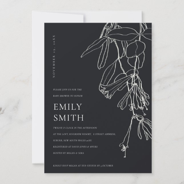 BLACK WHITE LINE DRAWING FLORAL BABY SHOWER CARD (Front)