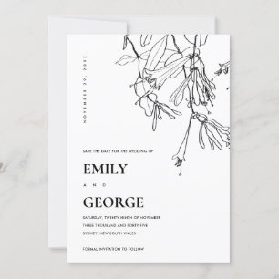BLACK WHITE LINE DRAWING FLORAL SAVE THE DATE CARD