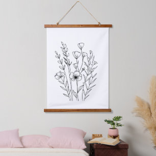 Black White Line Drawn Flowers Florals Boho Hanging Tapestry